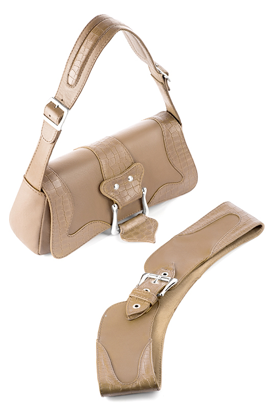 Tan beige women's dress belt, matching pumps and bags. Made to measure. Worn view - Florence KOOIJMAN